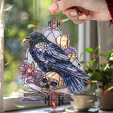 Raven and Skull Acrylic Suncatcher, Stained Glass Style Gothic Window Hanging, Dark Crow Book Decor Gift for Halloween Lovers